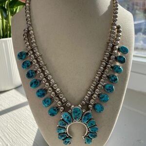 Vintage Native American Sterling Silver Sleeping Beauty Squash Blossom Necklace